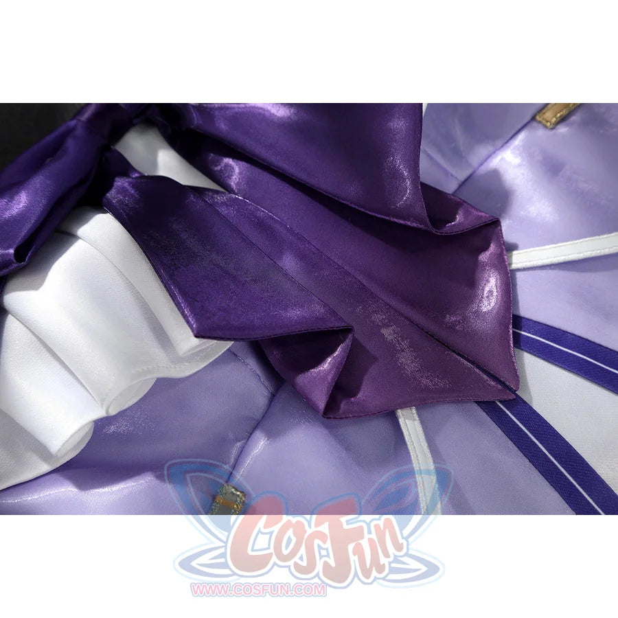 Genshin Impact Citlali cosplay fabric detail layers shiny purple satin and pale panels.