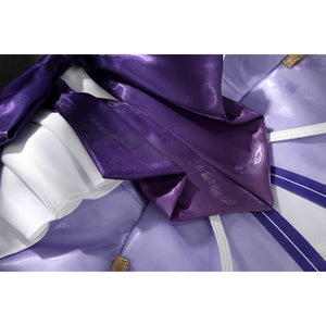 Genshin Impact Citlali cosplay fabric detail layers shiny purple satin and pale panels.