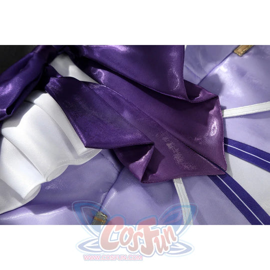 Genshin Impact Citlali cosplay fabric detail layers shiny purple satin and pale panels.