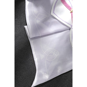Genshin Impact Citlali cosplay fabric detail pairs patterned purple satin with pink-trimmed collar.