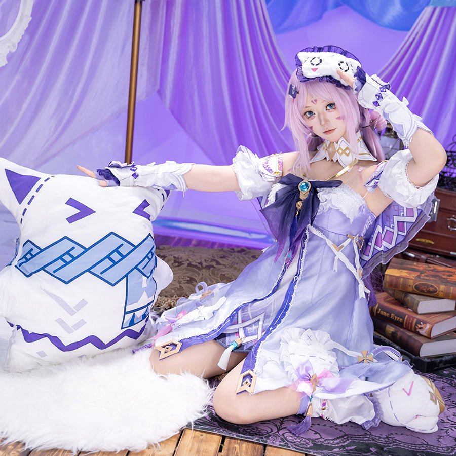Genshin Impact Citlali cosplay costume seated pose sets a lavender dress beneath white hand guards and a plush eye mask.