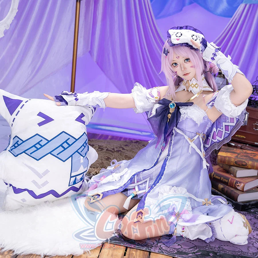 Genshin Impact Citlali cosplay costume seated pose sets a lavender dress beneath white hand guards and a plush eye mask.