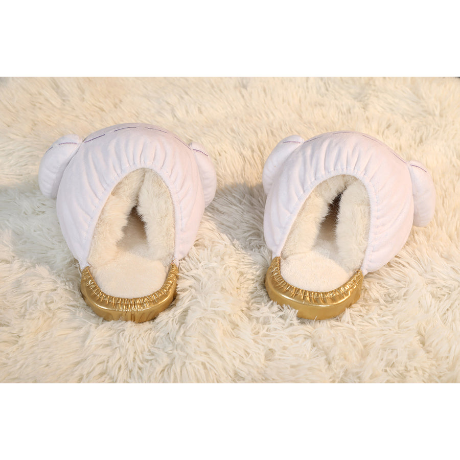 Genshin Impact Citlali cosplay shoes heel view frames fuzzy purple plush and gold trim.