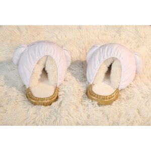 Genshin Impact Citlali cosplay shoes heel view frames fuzzy purple plush and gold trim.