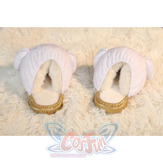 Genshin Impact Citlali cosplay shoes heel view frames fuzzy purple plush and gold trim.