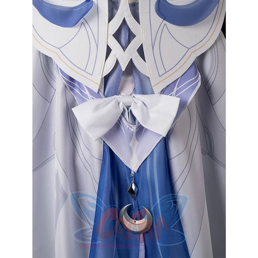 Genshin Impact Columbina cosplay back waist detail anchors a white bow above the blue crescent charm.