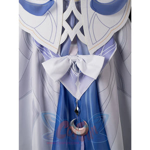Genshin Impact Columbina cosplay back waist detail anchors a white bow above the blue crescent charm.