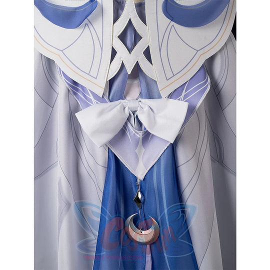 Genshin Impact Columbina cosplay back waist detail anchors a white bow above the blue crescent charm.