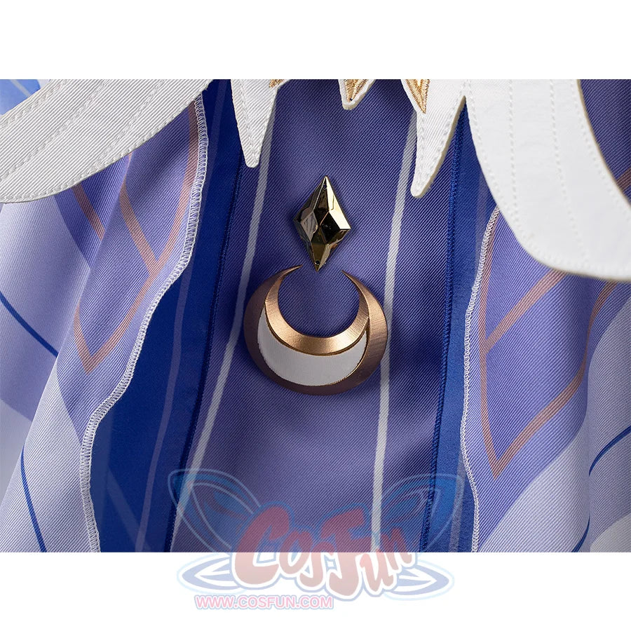 Genshin Impact Columbina cosplay chest detail sets a gold-tone crescent pendant under a dark gem-like charm.