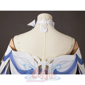 Genshin Impact Columbina cosplay back collar curves around a white crescent over off-shoulder panels.