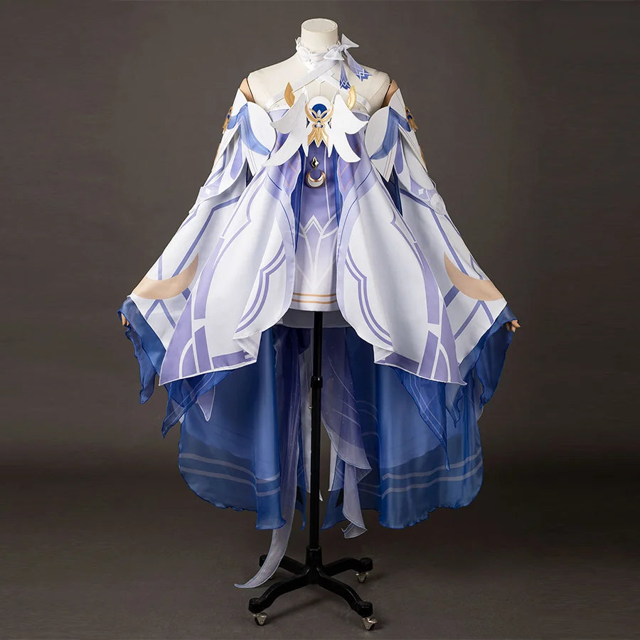 COSFUN Genshin Impact Columbina cosplay costume layers white wing panels over deep blue sheer robes.