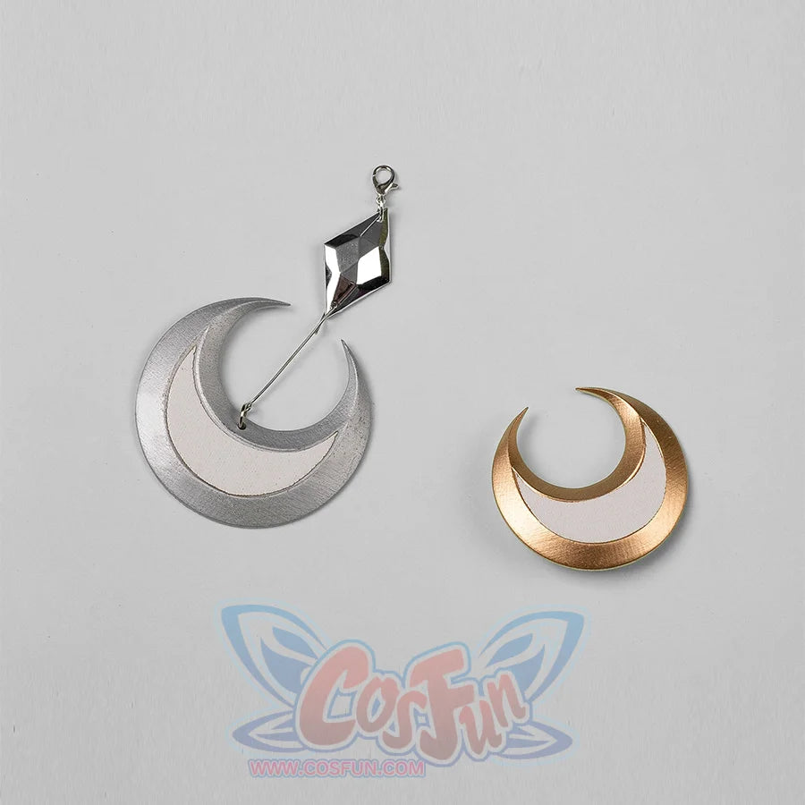 Genshin Impact Columbina cosplay crescent ornaments pair silver-tone and gold-tone moon shapes with a dark charm.