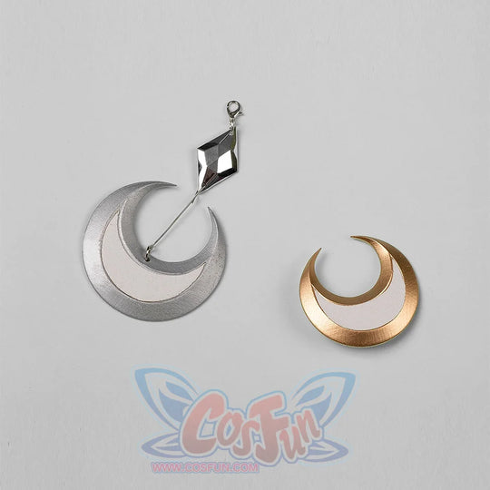 Genshin Impact Columbina cosplay crescent ornaments pair silver-tone and gold-tone moon shapes with a dark charm.