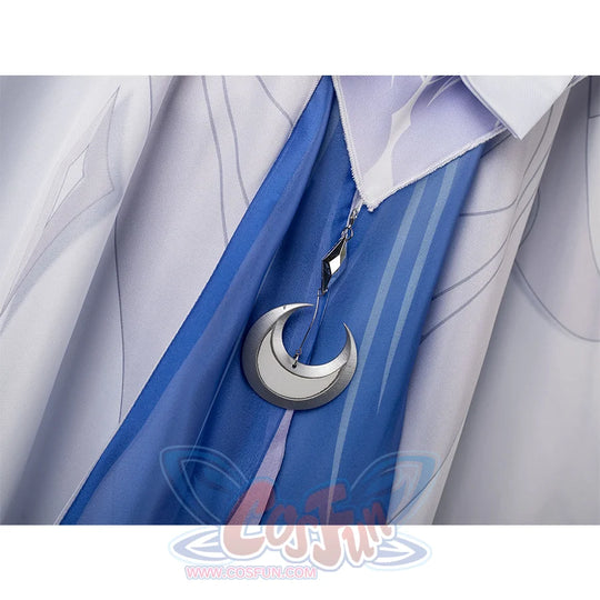 Genshin Impact Columbina cosplay waist charm drops a silver-tone crescent over layered blue skirt panels.