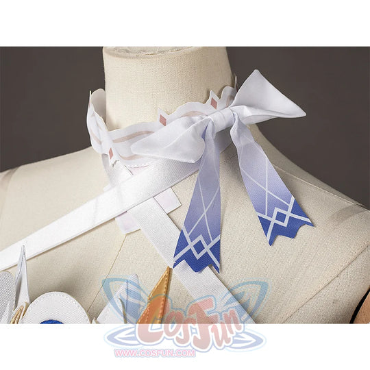 Genshin Impact Columbina cosplay neck ribbon crosses the collar beside blue gradient patterned tails.