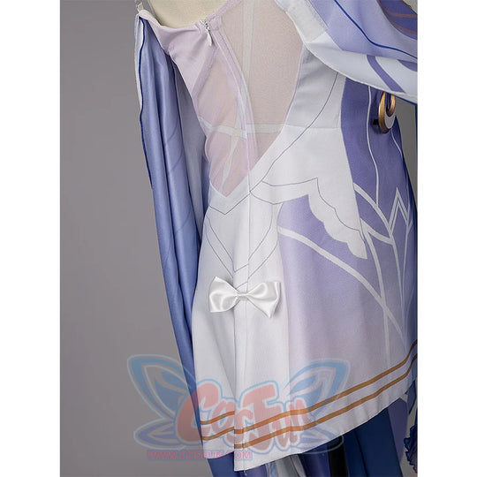 Genshin Impact Columbina cosplay side panel pairs a pale zipper with a white bow over lavender printwork.