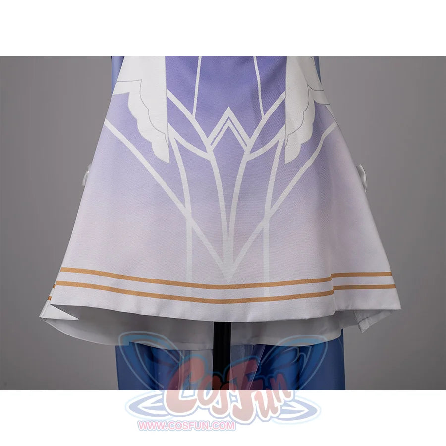 Genshin Impact Columbina cosplay skirt hem carries pale lavender linework and narrow gold-tone edging.
