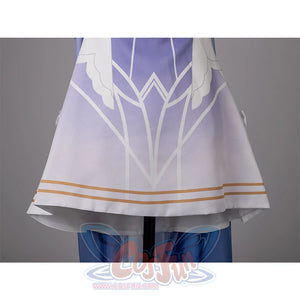 Genshin Impact Columbina cosplay skirt hem carries pale lavender linework and narrow gold-tone edging.