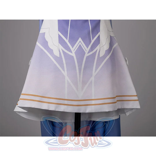 Genshin Impact Columbina cosplay skirt hem carries pale lavender linework and narrow gold-tone edging.
