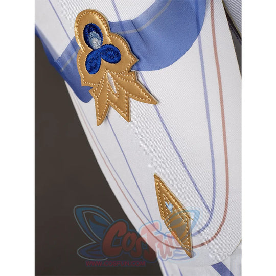 Genshin Impact Columbina cosplay sleeve applique pairs gold-tone trim with blue embroidery on white fabric.