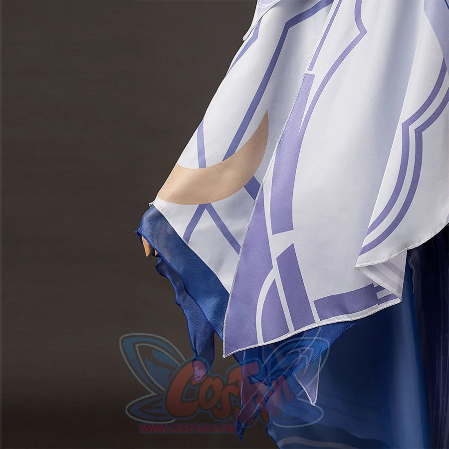 Genshin Impact Columbina cosplay sleeve detail layers white printed fabric over deep blue sheer panels.