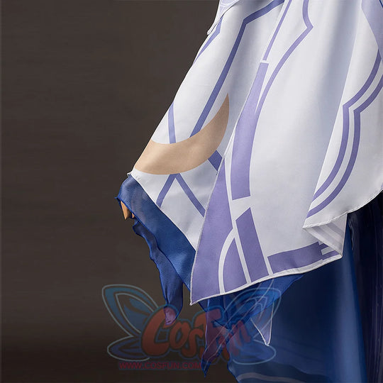 Genshin Impact Columbina cosplay sleeve detail layers white printed fabric over deep blue sheer panels.