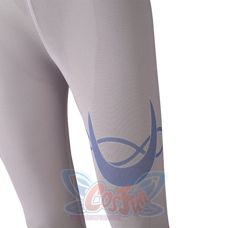 Genshin Impact Columbina cosplay sock detail centers a blue crescent motif over pale lavender mesh.