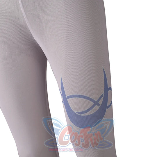 Genshin Impact Columbina cosplay sock detail centers a blue crescent motif over pale lavender mesh.