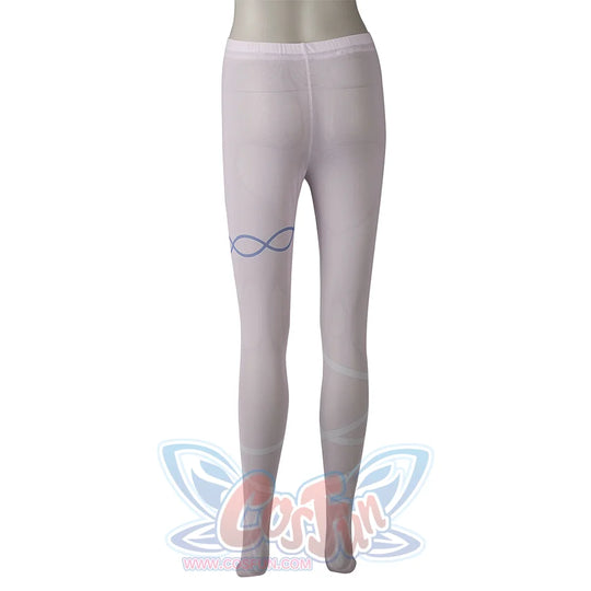 Genshin Impact Columbina cosplay socks turn to the back, tracing blue infinity-style marks over pale mesh.