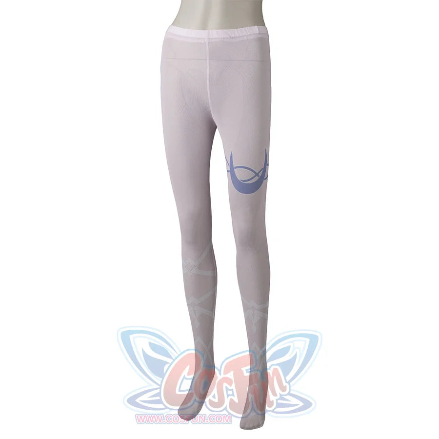 Genshin Impact Columbina cosplay socks run in pale lavender mesh with blue crescent marks and white leg patterns.