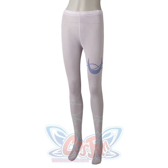 Genshin Impact Columbina cosplay socks run in pale lavender mesh with blue crescent marks and white leg patterns.