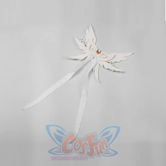 Genshin Impact Columbina cosplay headwear spreads winged white shapes around gold-tone crescent details.