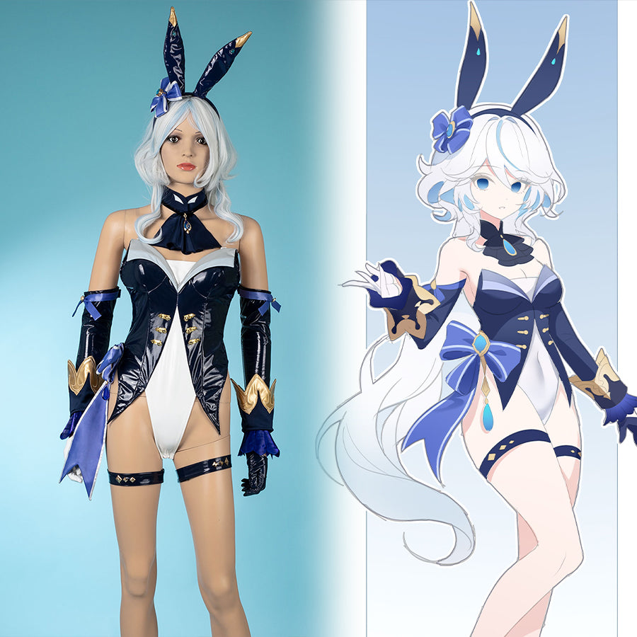 COSFUN Genshin Impact Furina cosplay bunny bodysuit sets tall ear headband above dark gloves and blue trim.