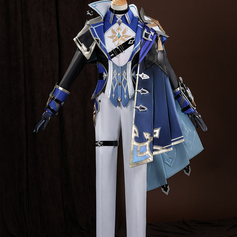 Genshin Impact Lohen cosplay costume layers blue cape over white trousers while gold-tone accents define guards.