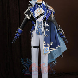 Genshin Impact Lohen cosplay costume layers blue cape over white trousers while gold-tone accents define guards.