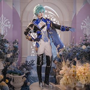 COSFUN Genshin Impact Lohen cosplay costume presents a detailed blue cape layered over white pants and black leg guards.