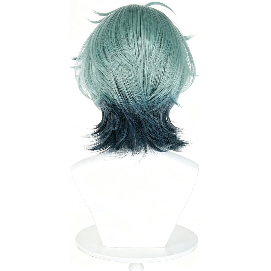 Genshin Impact Lohen cosplay wig frames a short mint green base that transitions into black tips with soft wavy layers.