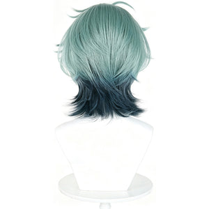 Genshin Impact Lohen cosplay wig frames a short mint green base that transitions into black tips with soft wavy layers.