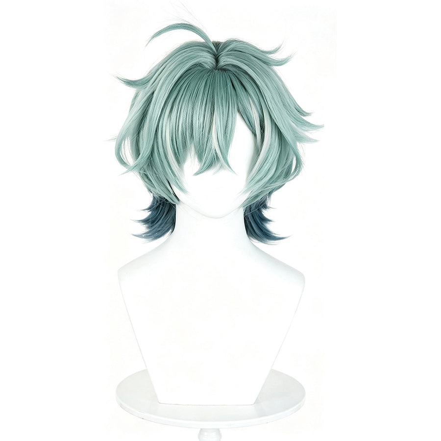 COSFUN Genshin Impact Lohen cosplay wig made from high temperature fiber with a mint green and black gradient color tone.