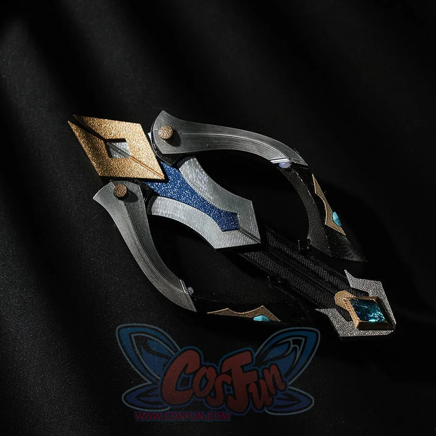 Genshin Impact Lohen cosplay costume arm guard uses blue glitter panels and gold-tone geometric trim to accent the armor.