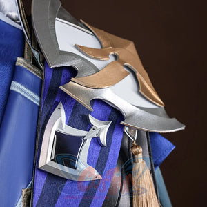 Genshin Impact Lohen cosplay costume layers gold-tone and silver-tone shoulder armor pieces over a deep blue striped cape.