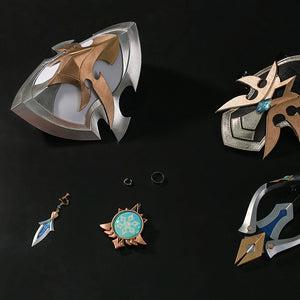 Genshin Impact Lohen cosplay costume includes intricate metallic knee guards alongside custom earrings and ring jewelry.