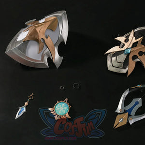 Genshin Impact Lohen cosplay costume includes intricate metallic knee guards alongside custom earrings and ring jewelry.