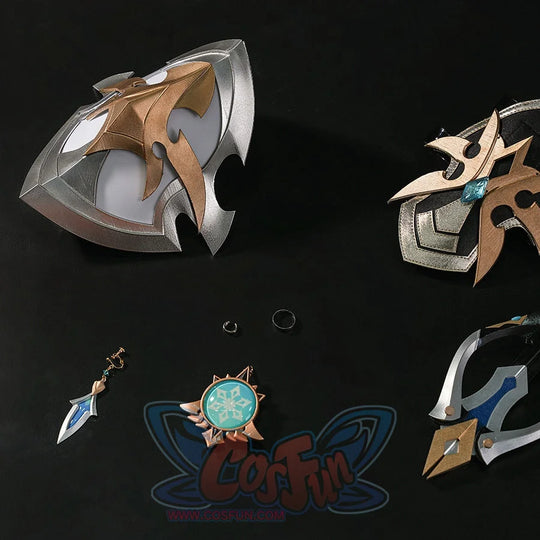 Genshin Impact Lohen cosplay costume includes intricate metallic knee guards alongside custom earrings and ring jewelry.