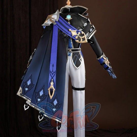 Genshin Impact Lohen cosplay costume layers a structured dark blue cape over fitted white pants and detailed metallic guards.