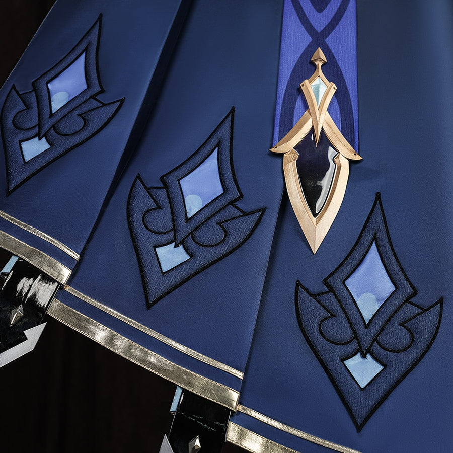 Genshin Impact Lohen cosplay costume layers blue panels embroidered beside diamond shapes and accented by gold-tone trim.