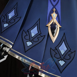 Genshin Impact Lohen cosplay costume layers blue panels embroidered beside diamond shapes and accented by gold-tone trim.