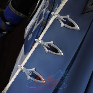 Genshin Impact Lohen cosplay costume layers matte blue fabric across coat while silver-tone arrow-shaped studs accent trim.