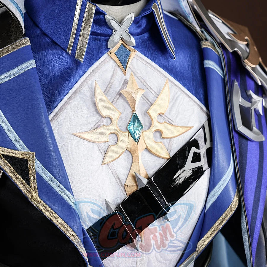 Genshin Impact Lohen cosplay costume centers a gold-tone emblem on a white chest panel framed by blue textured lapel layers.
