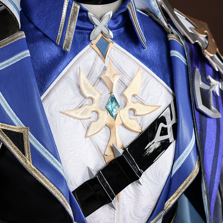 Genshin Impact Lohen cosplay costume centers a gold-tone emblem on a white chest panel framed by blue textured lapel layers.